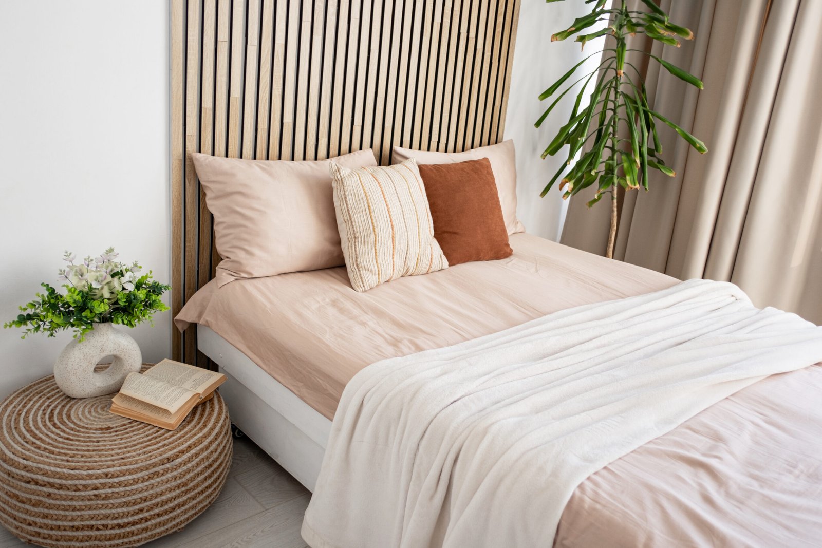 A serene bedroom features a stylish bed with soft linens, pillows, and a plant.