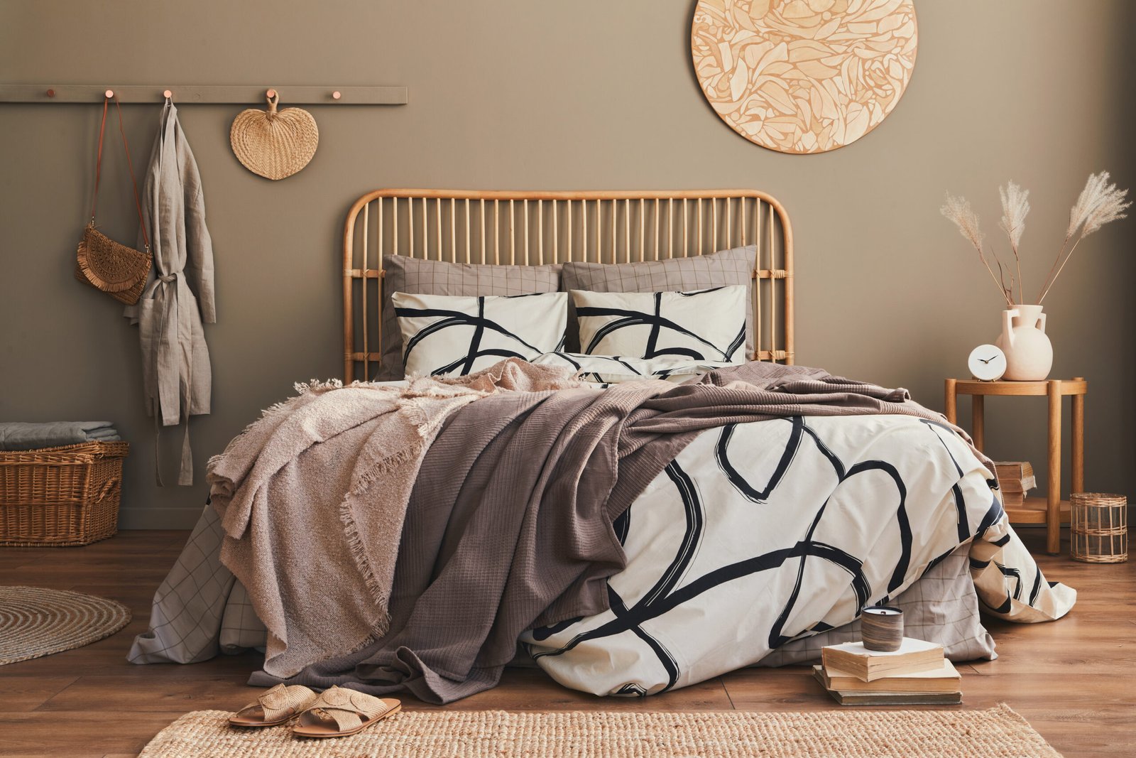 Wooden bed in stylish neutral bedroom interior with design furniture, decoration, carpet, book, dried flowers in vase, bed sheets, blanket, pillows and elegant personal accessories in home decor.